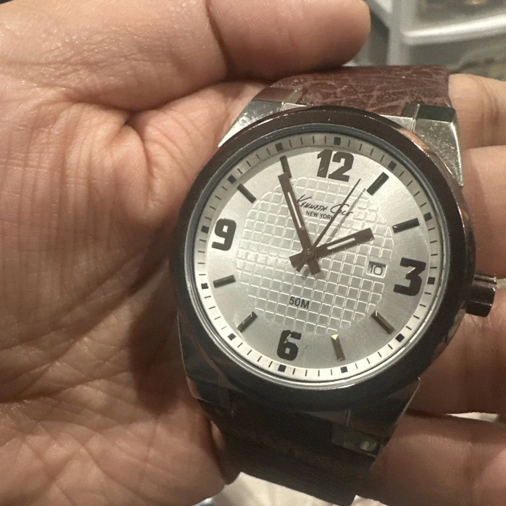 Working Kenneth Cole NY 43mm Brown Leather Band Fit 8in KC-1338BNIP Mens Watch‎